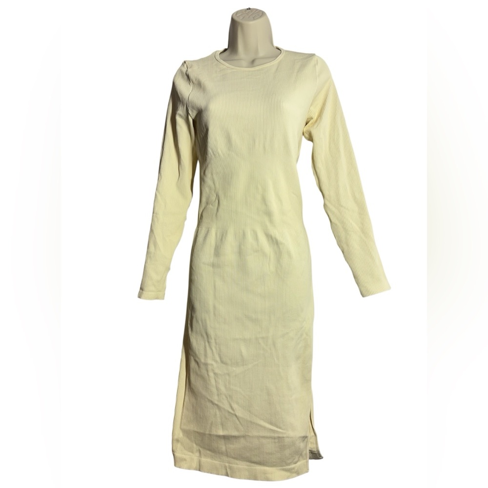 Long Sleeve Ribbed Midi Dress in Pale Yellow